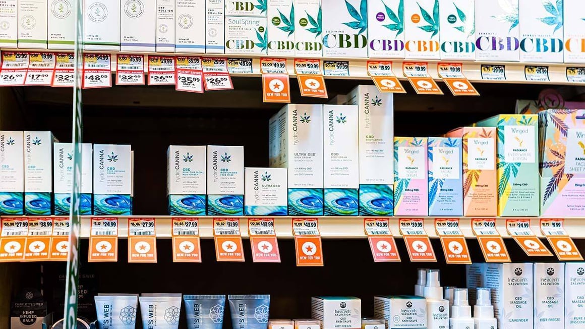 Hemp products on a store shelf